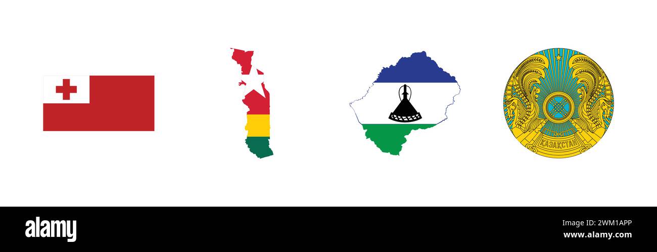 Emblem von Kasachstan, Flagge von Tonga, Flaggenkarte von Togo, Flaggenkarte von Lesotho, beliebte Marken-Logo-Kollektion. Stock Vektor