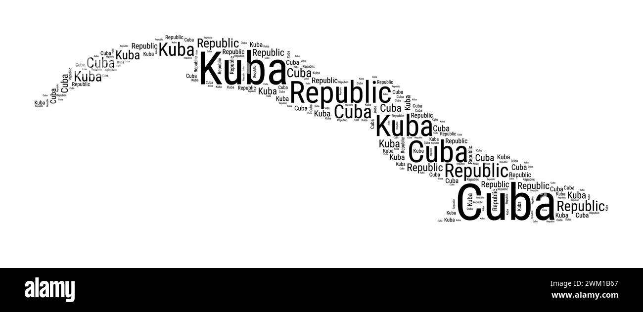 Schwarz-weiß-Wortwolke in kubanischer Form. Einfache typografische Darstellung des Landes. Schlichte schwarze Textwolke auf weißem Hintergrund. Vektorillust Stock Vektor