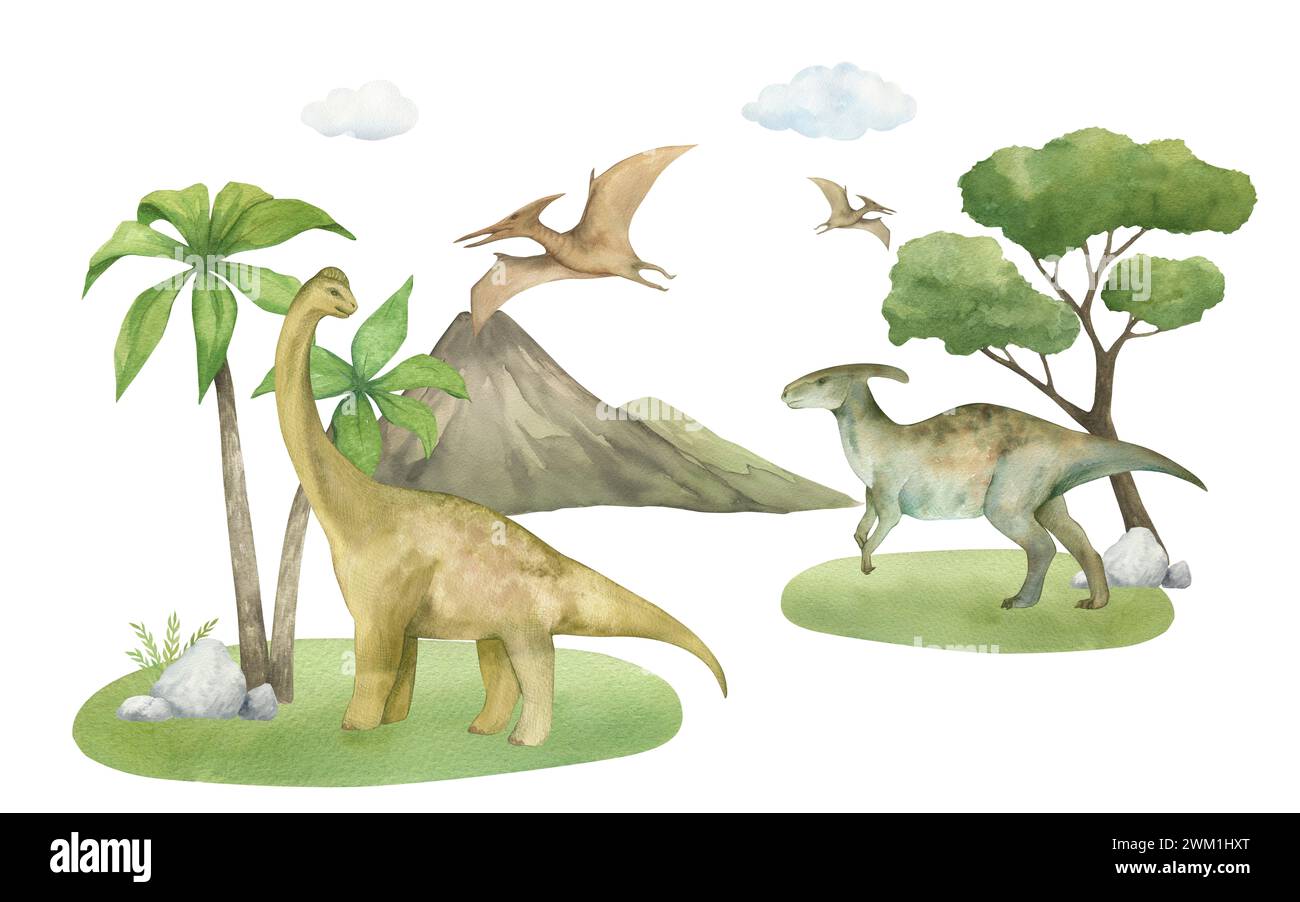 Aquarellillustration eines Dinosauriers Diplodocus, parasaurolophus und Pterodactyl auf grünem Gras mit Palmen, Bergen, Wolken, Aquarell Stockfoto