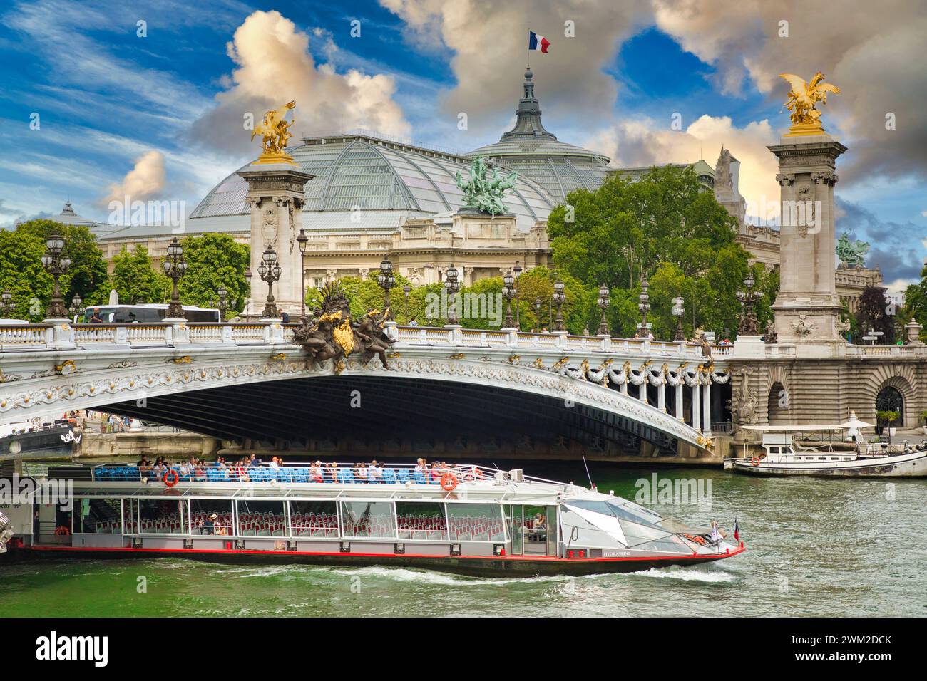 Pont Alexandre III, Touristenboot, Sena River, Grand Palais, Paris, Frankreich Stockfoto