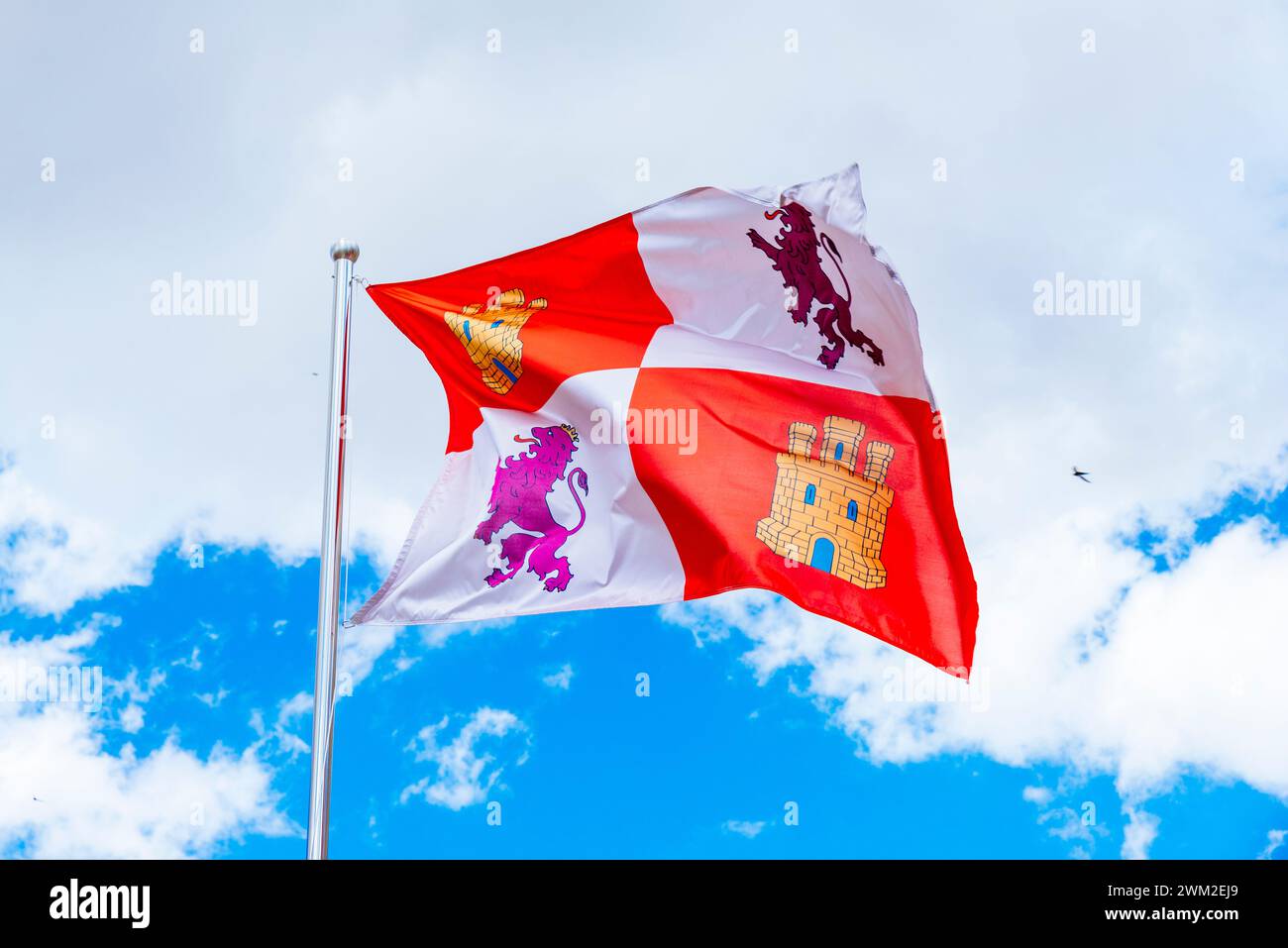 Schwenkende Flagge von Kastilien und Leon. Tordesillas, Valladolid, Castilla y León, Spanien, Europa Stockfoto