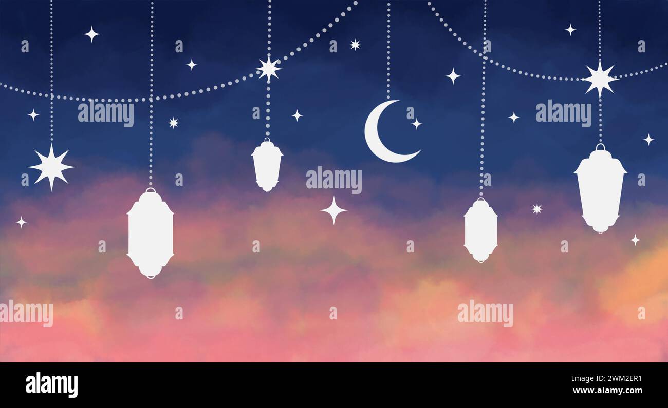 Arabische traditionelle Ramadan Kareem östliche Laternen Girlande. Muslimische dekorative hängende Laternen, Sterne und Mondvektorillustration. Islamisch-orientalisch g Stock Vektor