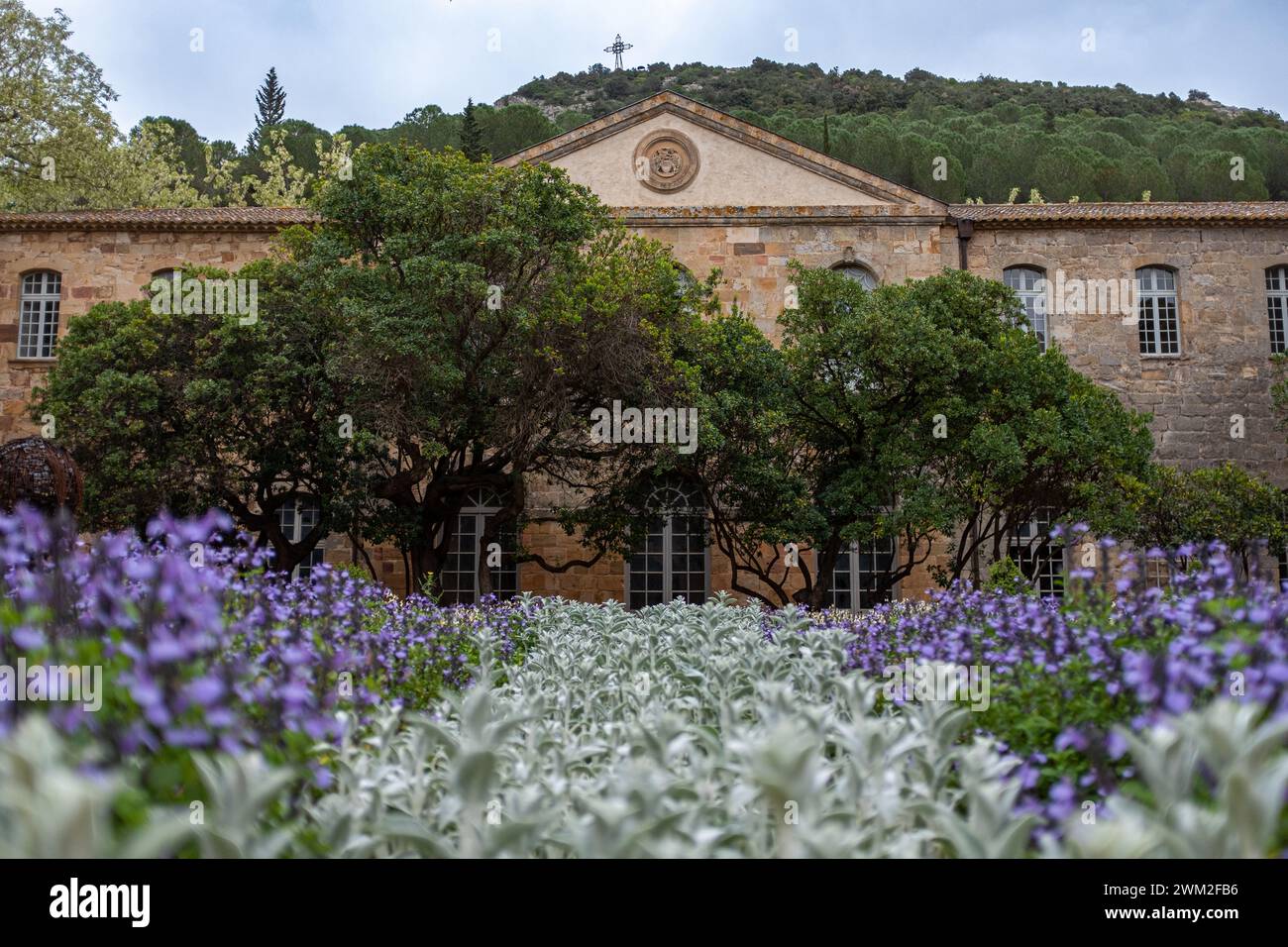 Innenhof der Abtei Fontfroide in Frankreich mit einem Blumenbeet im Vordergrund und ohne Menschen Stockfoto
