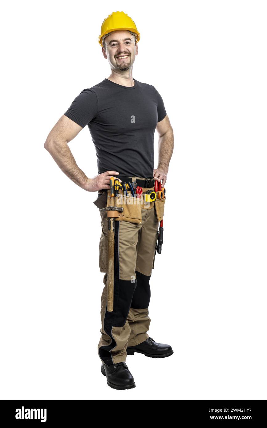 Fröhlicher Bauarbeiter mit Werkzeug und Helm isoliert auf transparentem Hintergrund Stockfoto