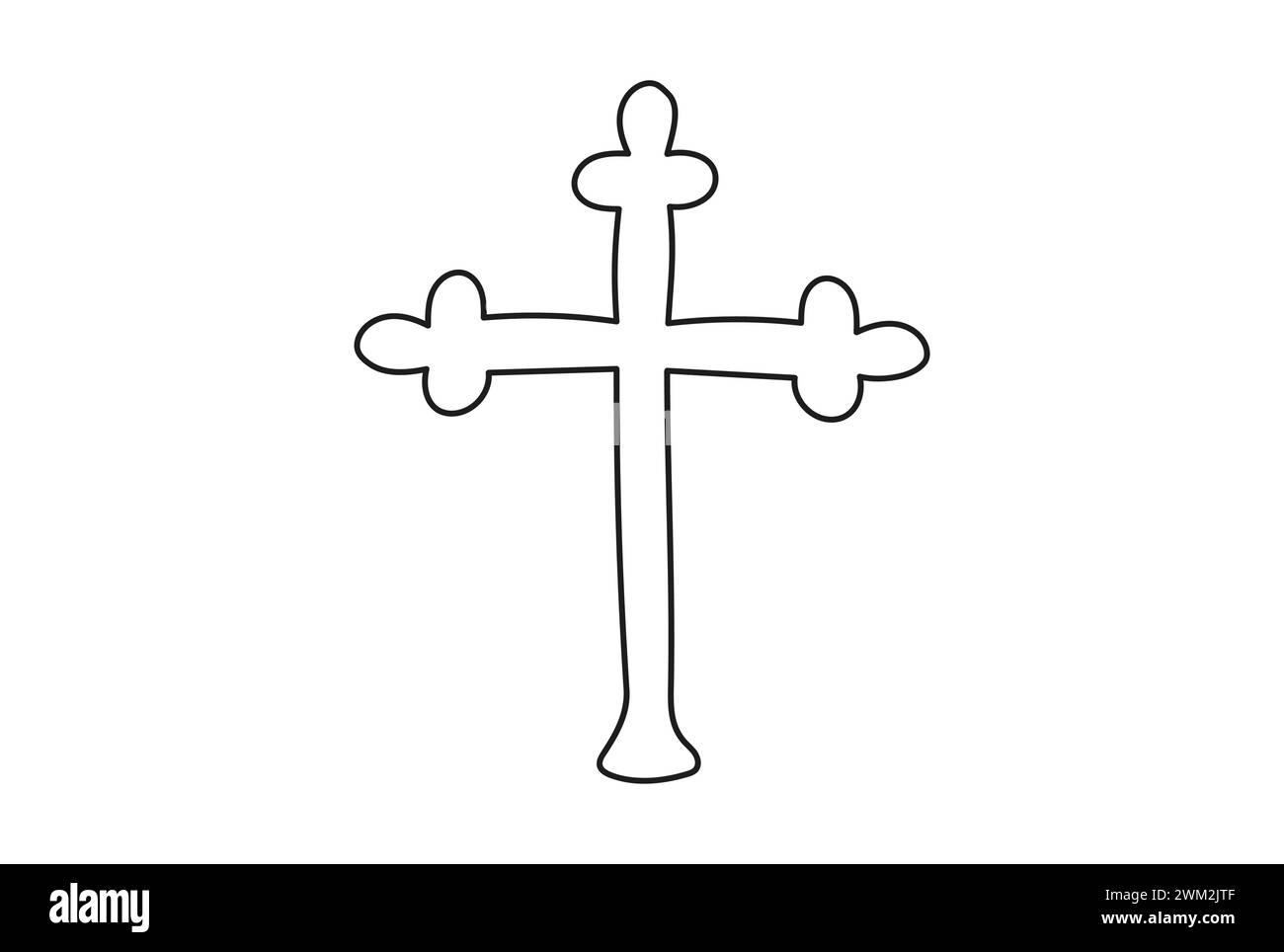 Durchgehende, einzeilige Zeichnung eines Kreuzes. Strichgrafik. Vorstellung von Ostern, glaube, Spiritualität, Religion, Beerdigung. Konstruktionselement. Schwarzweiß-Vektor isoliert auf weißem Hintergrund Stock Vektor