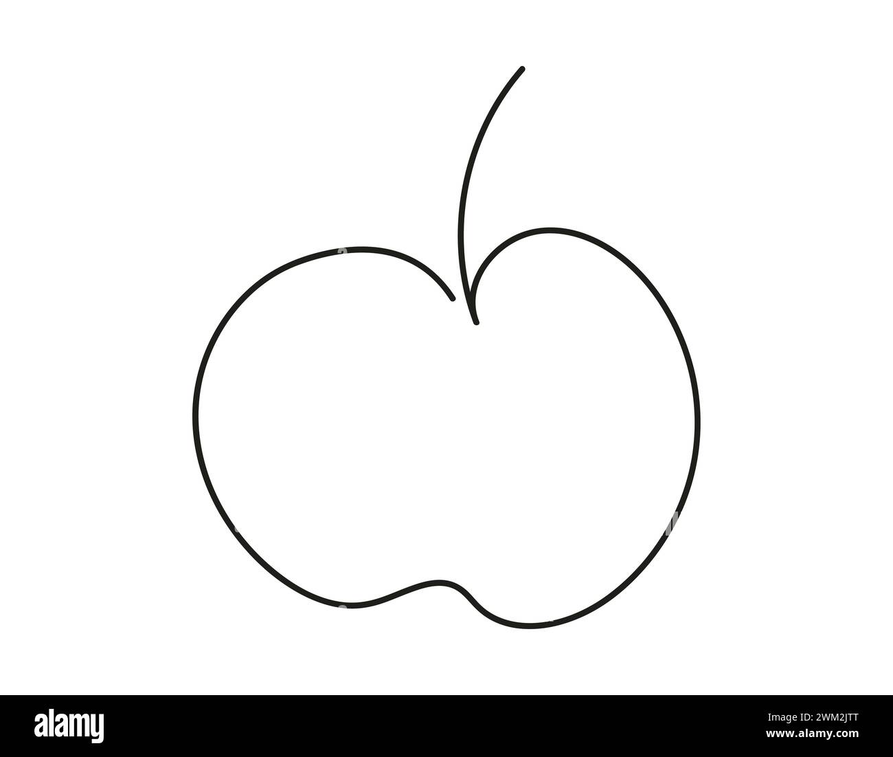 Durchgehende, einzeilige Zeichnung eines Apfels. Ganze Früchte. Gesundes Dessert. Strichgrafik. Isoliert auf weißem Hintergrund. Designelement für Druck, Gruß, Postkarte, Scrapbooking, Malbuch. Stock Vektor