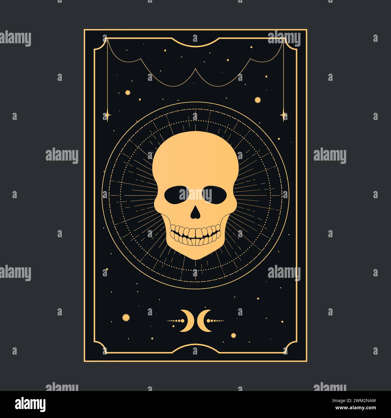 Goldene Tarotkarte mit einem Schädel, der den Tod symbolisiert. Tarot-Symbolismus. Rätsel, Astrologie, Esoterik. Vektorabbildung Stock Vektor