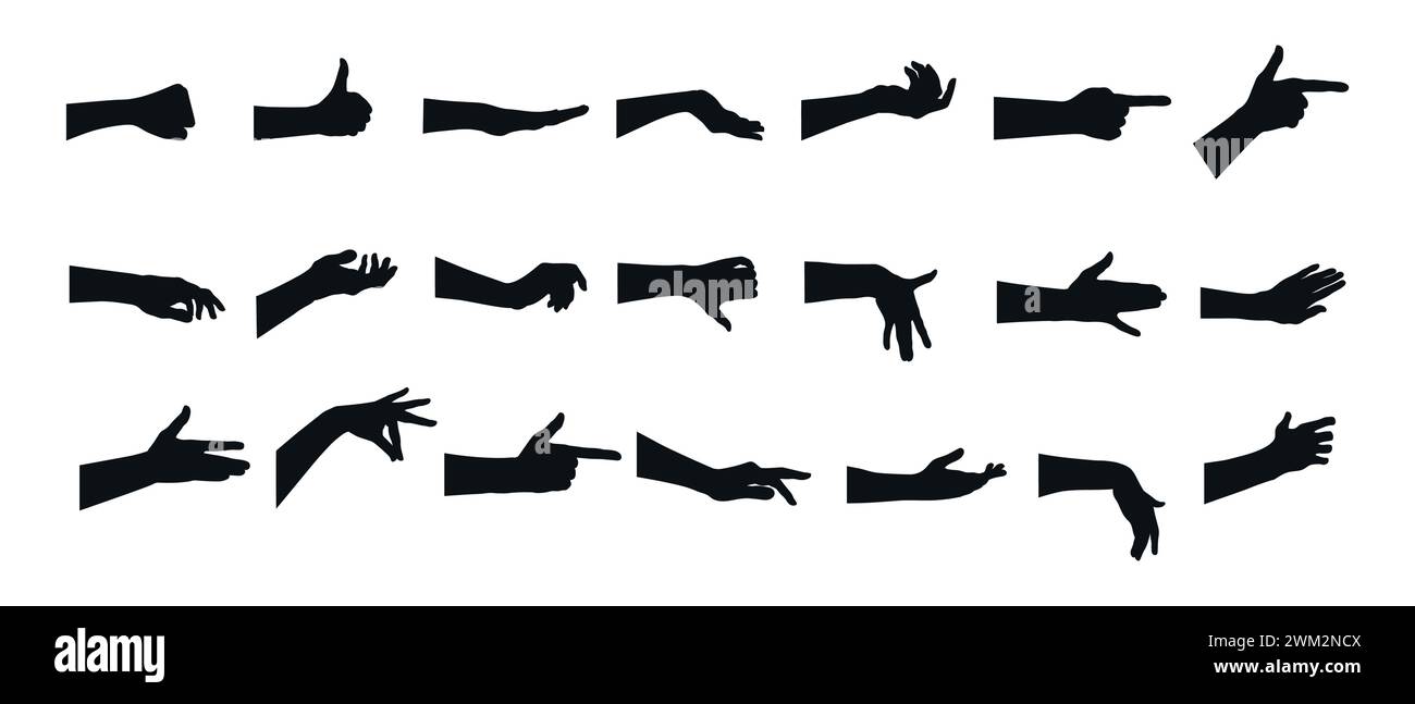 Sammlung von Handgesten Silhouetten. Set mit verschiedenen Handgesten. Vektorabbildung Stock Vektor