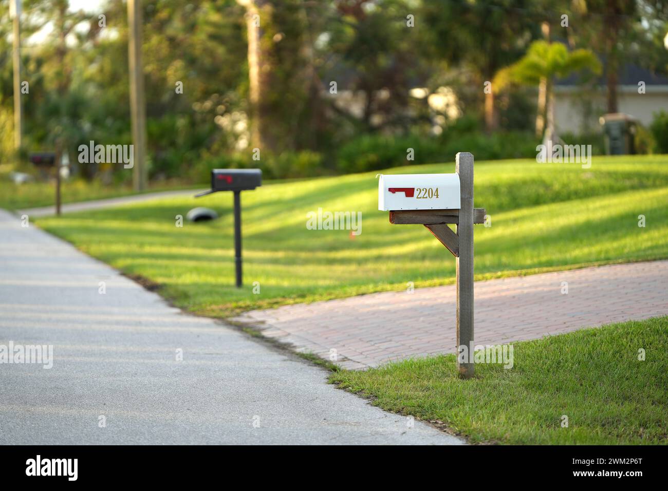 Typisch amerikanischer Briefkasten im Freien auf der Seite der Vorstadt-Straße. Stockfoto