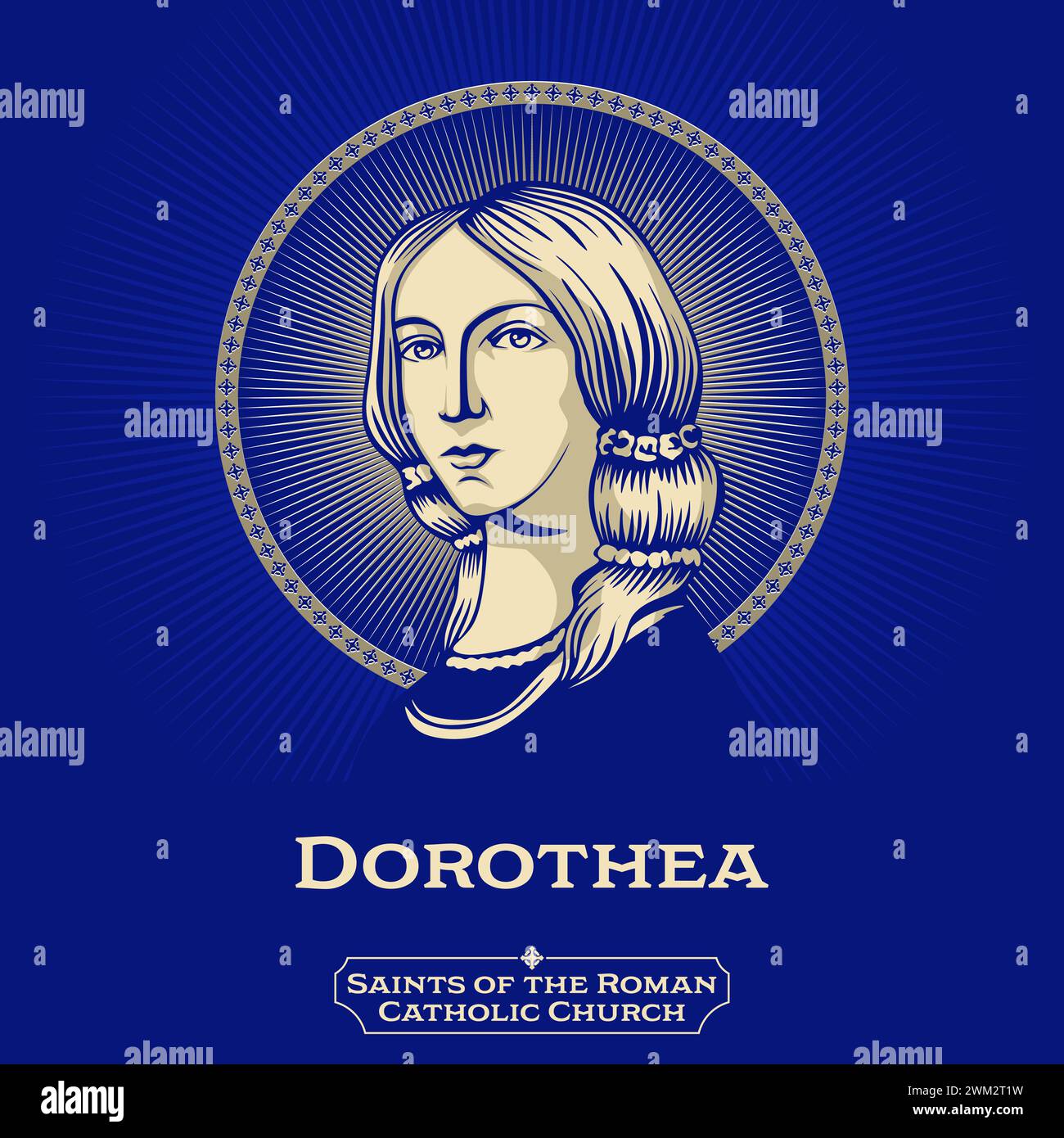 Heilige der katholischen Kirche. Dorothea von Caesarea (280–311) ist ein jungfräulicher Märtyrer aus dem 4. Jahrhundert, der in Caesarea Mazaca hingerichtet wurde. Stock Vektor