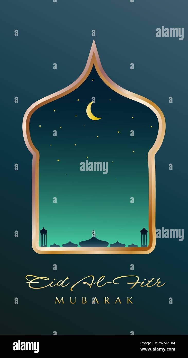 Vertikale Grußkarte EID Mubarak mit goldenem Kuppelrahmen für Post in sozialen Medien oder Geschichten Stock Vektor