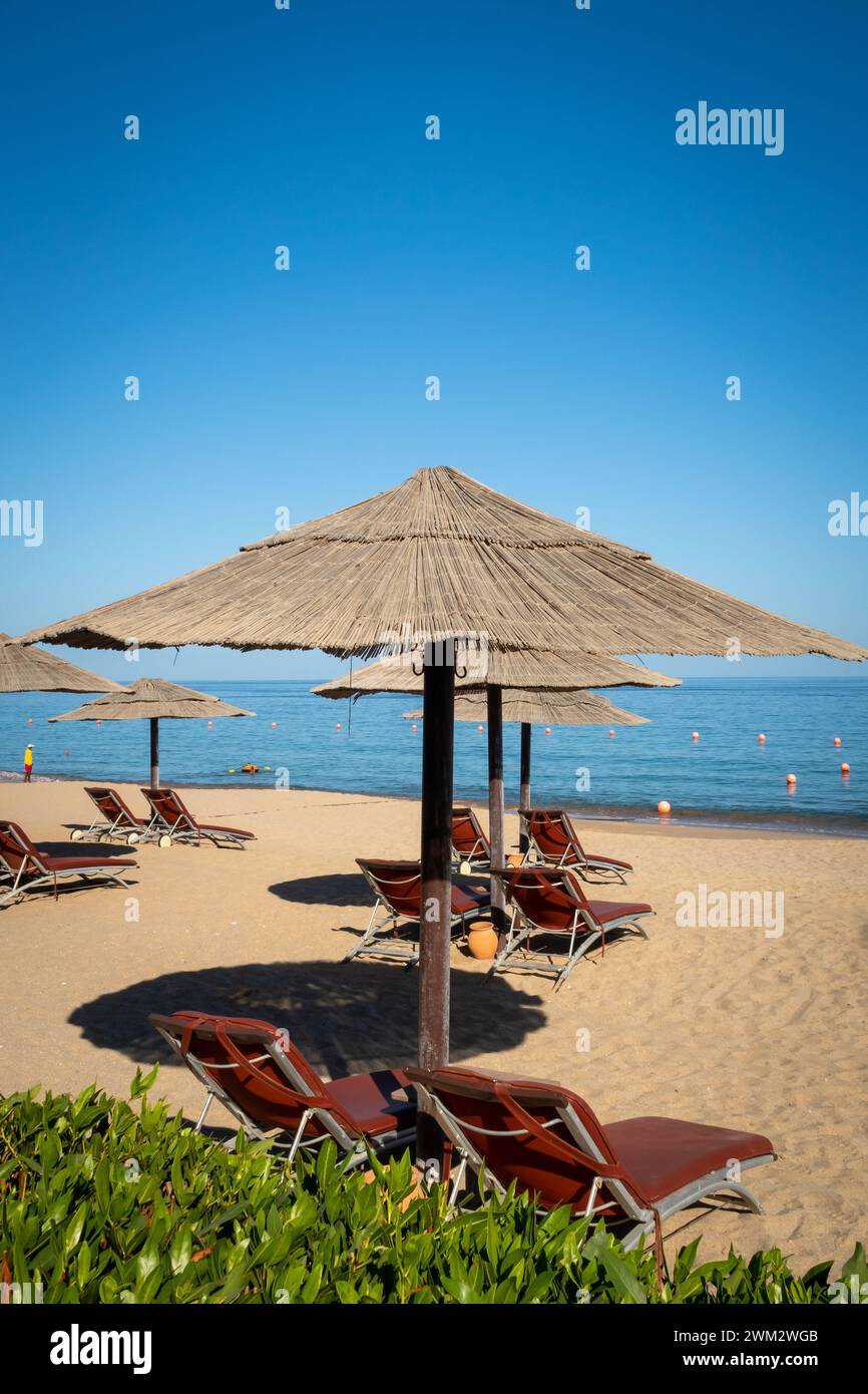 Sandstrand in Fujairah, Vereinigte Arabische Emirate, mit Strohschirmen und Sonnenliegen, Meerblick und blauem Himmel, keine Leute. Stockfoto