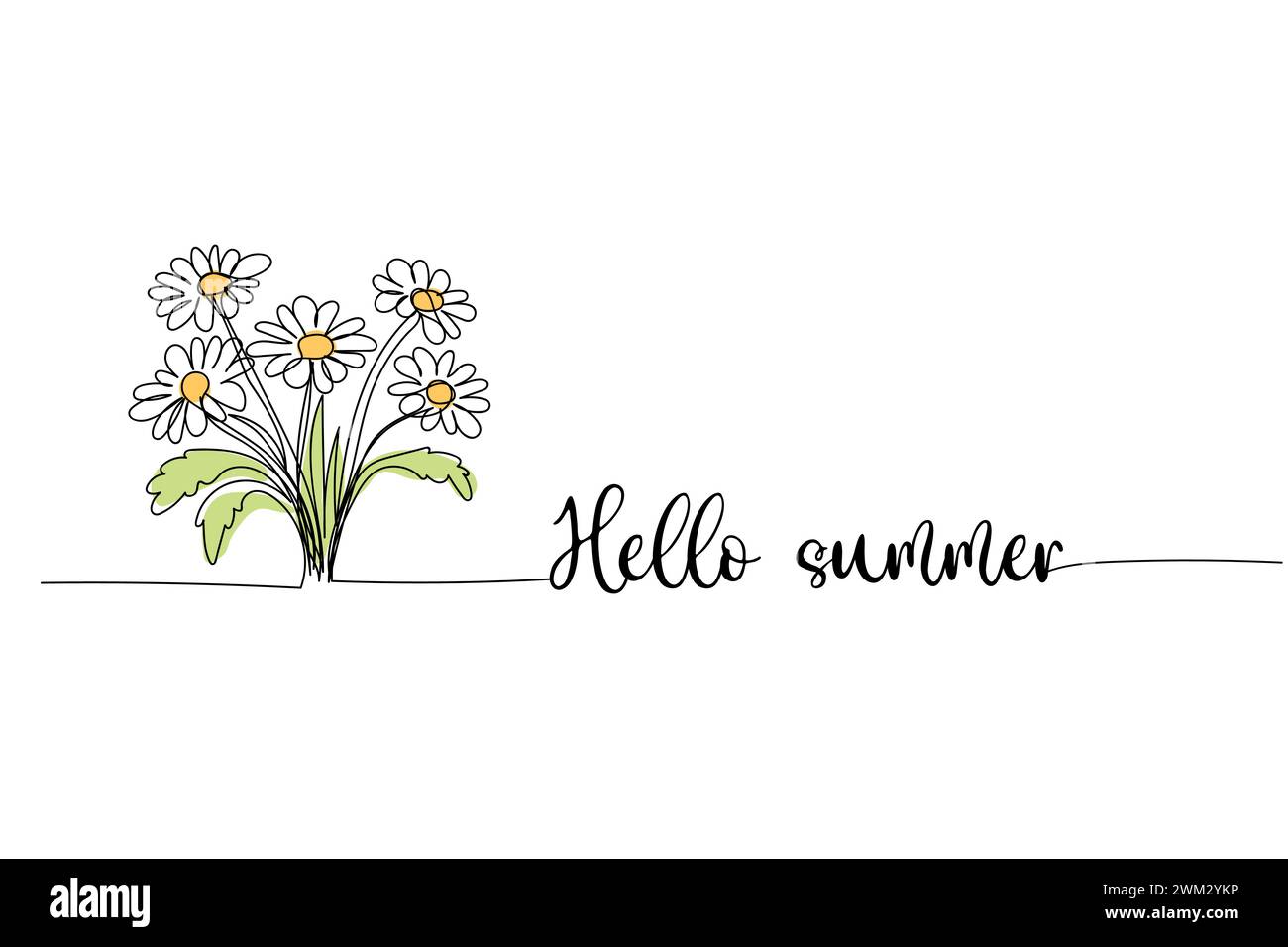 Hallo Sommer, Strauß von Gänseblümchen Strichzeichnung, eine durchgehende Strichzeichnung und Text. Für Postkarten Stock Vektor