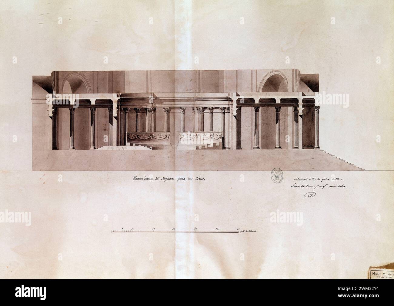 PLANO-ELEVACION ANFITEATRO DE CORTES. AUTOR: SILVESTRE PEREZ Y MARTINEZ (1767-1825). LAGE: MUSEO DE HISTORIA-MAPAS Y PLANOS. MADRID. SPANIEN. Stockfoto