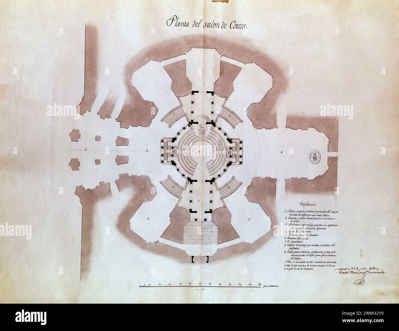 PLANO DEL PROYECTO DE SALON DE CORTES (1810-12) REALIZADO POR SILVESTRE PEREZ ARQUITECTO DE JOSE BONAPARTE. AUTOR: SILVESTRE PEREZ Y MARTINEZ (1767-1825). LAGE: MUSEO DE HISTORIA-MAPAS Y PLANOS. MADRID. SPANIEN. Stockfoto