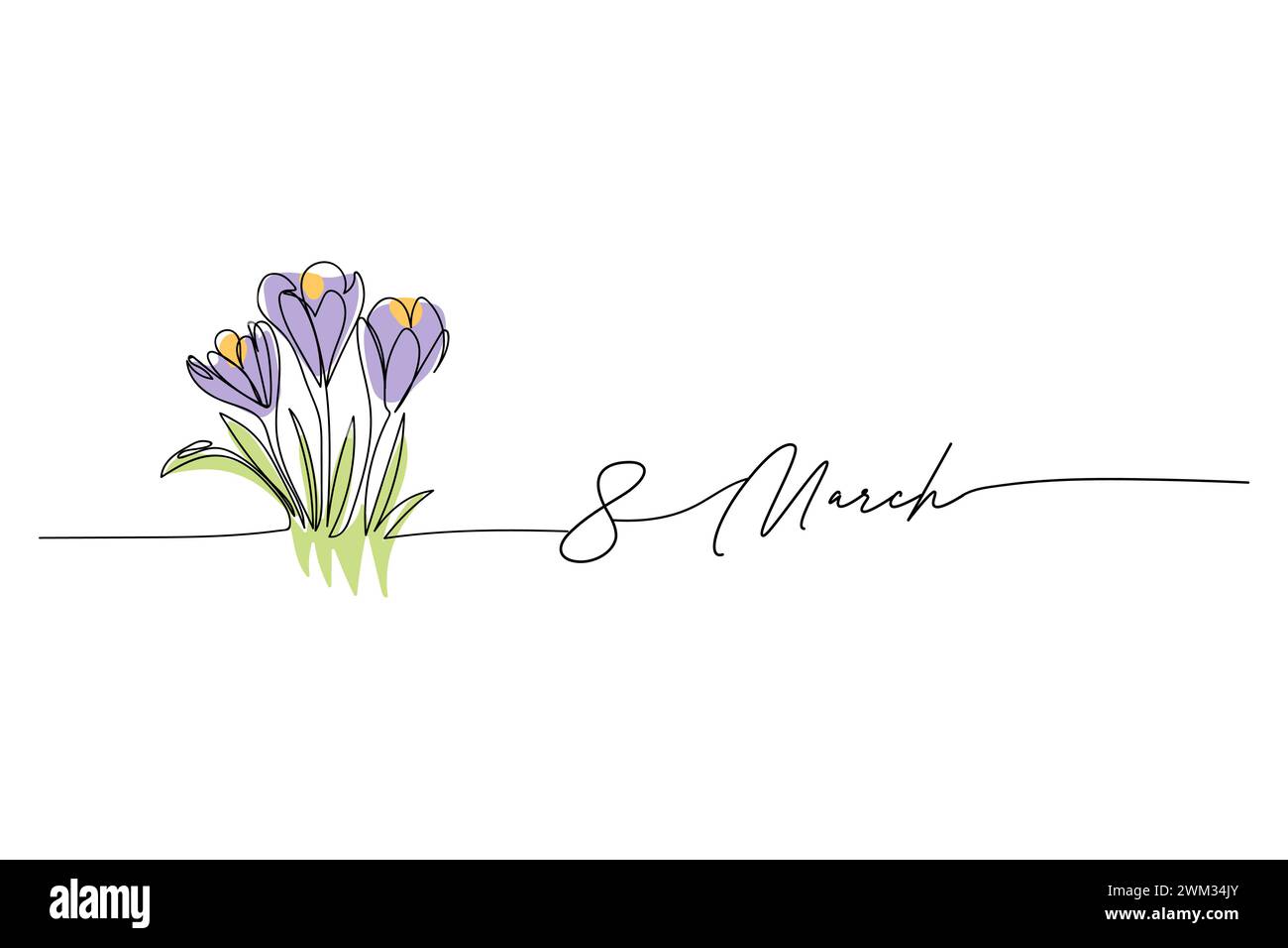 8. März, Frauentag, Blumenstrauß Krokusstich, eine durchgehende Linienzeichnung und Text. Für Grußkarte Stock Vektor
