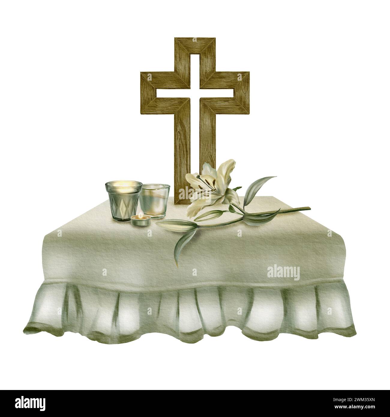 Aquarell religiöse Komposition von Tischdecke mit Rüschen, orthodoxem Holzkreuz, weißen Lilien, Kerzen in einem Farbschema Salbeiblatt. Stockfoto