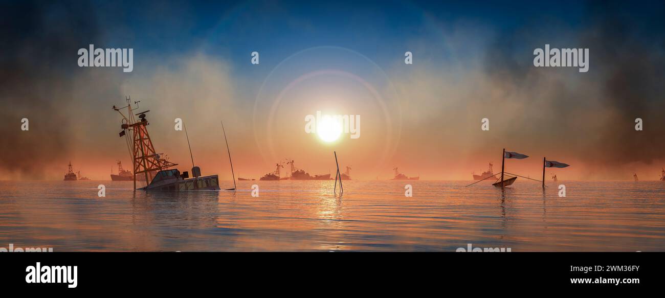 Sonnenuntergang auf dem Meer: Nautische Dämmerung mit teilweise untergetauchtem Boot und entfernter Flotte Stockfoto