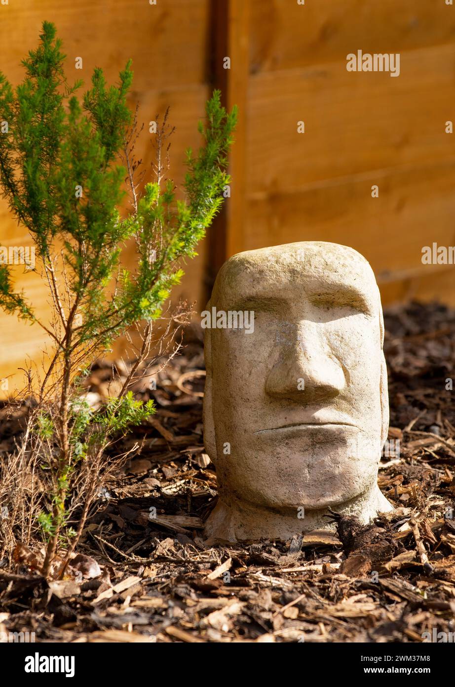Gartenstatue im Weihnachtsinsel-Stil auf Rinde im Garten an sonnigen Tagen Stockfoto