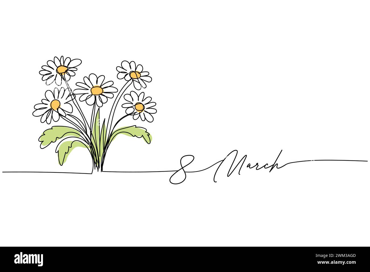 8. März, Frauentag, Blumenstrauß Gänseblümchenzeichnung, eine durchgehende Linienzeichnung und Text. Für Grußkarte Stock Vektor