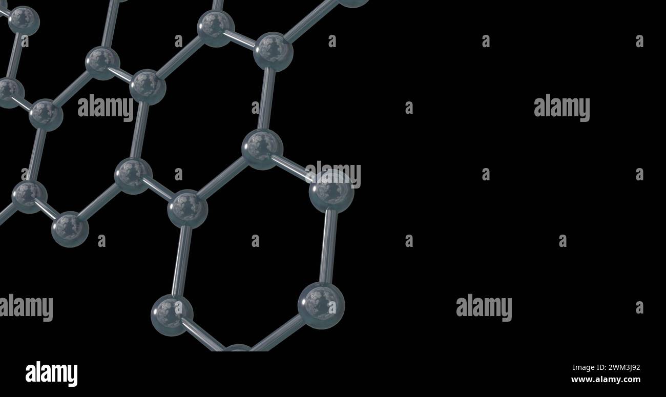 Bild eines 3D-Mikronetzwerks von Molekülen auf schwarzem Hintergrund Stockfoto