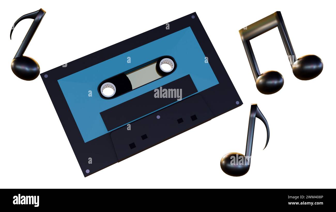 3D-Wiedergabe von Kassetten und Musiknoten auf weißem Hintergrund Stockfoto