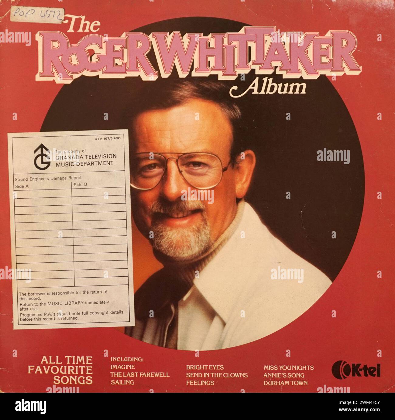 Roger Whittaker K Tel Album aus Granada TV Music Library Department, mit Leihaufkleber auf der Titelseite, ca. 1980. Granada-Logo. Fernsehgeschichte. Vinylhüllen Stockfoto