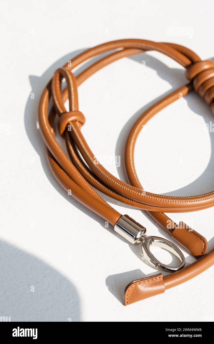 Dieser Trageriemen sorgt für Stil und Funktionalität. Hergestellt aus hochwertigem Leder, in verschiedenen Farben erhältlich und verstellbar für eine perfekte Passform. Perfekt Stockfoto