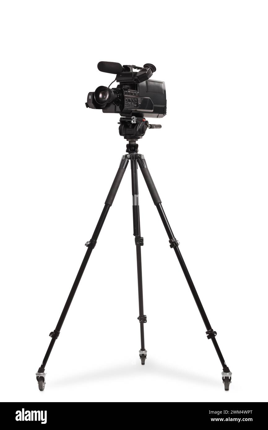 Studio-Aufnahme einer Videokamera auf einem Stativ isoliert auf weißem Hintergrund Stockfoto