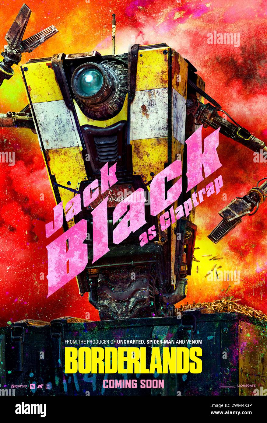 Borderlands (2024) unter der Regie von Eli Roth mit Jack Black als Stimme der Klappern in einem Großbildausflug basierend auf dem beliebten Videospiel auf dem verlassenen Planeten Pandora, wo die Menschen nach einem mysteriösen Relikt suchen. Zeichenposter ***NUR FÜR REDAKTIONELLE ZWECKE***. Quelle: BFA/Lionsgate Stockfoto