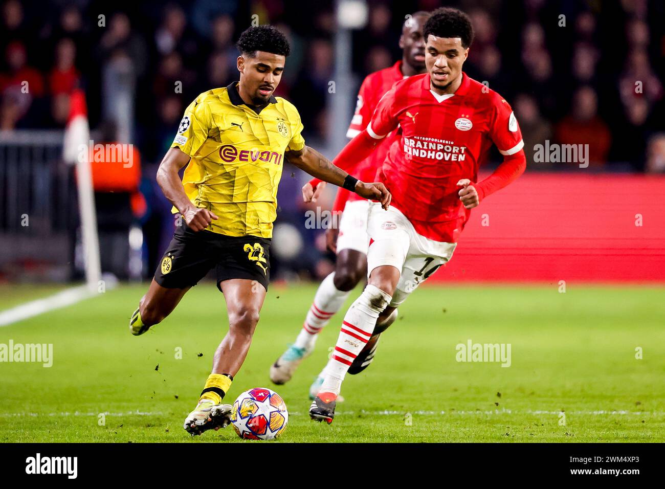 EINDHOVEN, NIEDERLANDE - 20. FEBRUAR: Ian Maatsen (Borussia Dortmund) und Malik Tillman (PSV) kämpfen um den Ball während der UEFA Champions League 202 Stockfoto