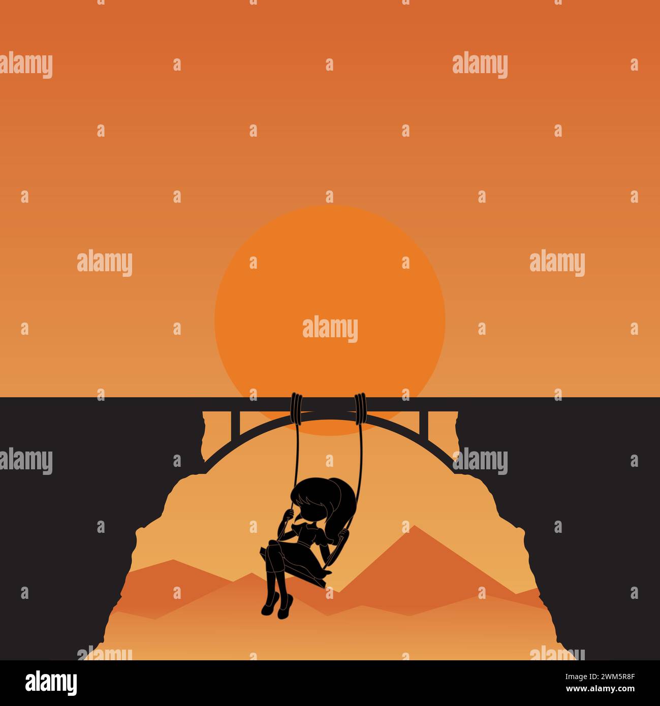 Silhouette eines Mädchens, das bei Sonnenuntergang auf einer Brücke hängt Stock Vektor