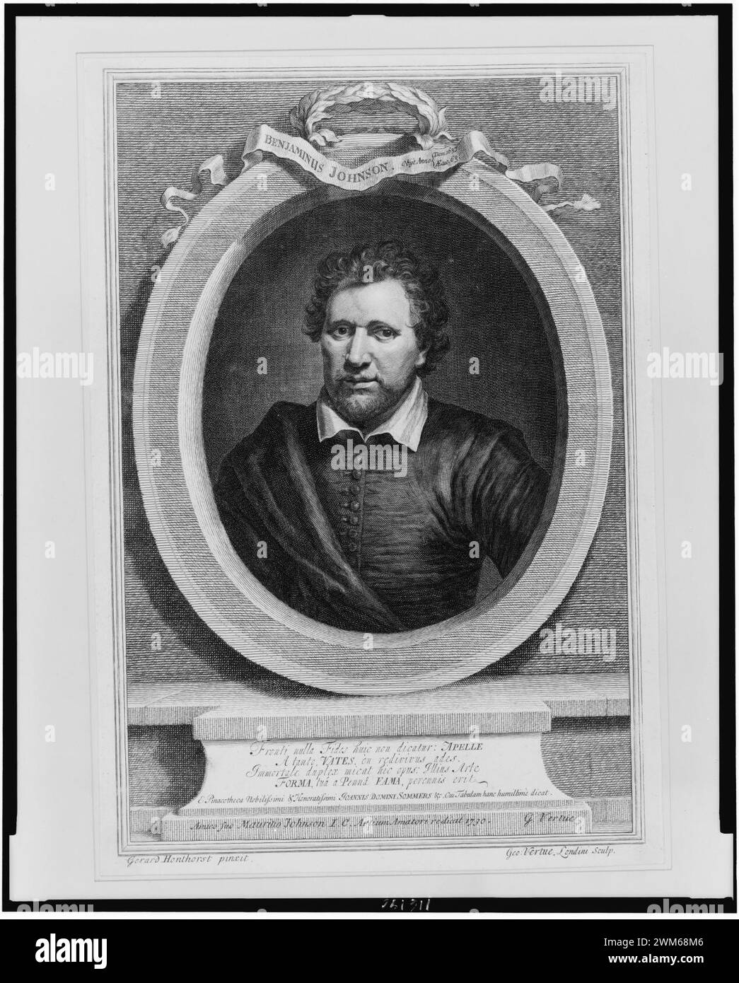 Benjamin Johnson, englischer Schauspieler, Kopf und Schultern im Porträt vor etwas, in dekorativer Ovaler Rahmen links) - Gerard Honthorst pinxt; Geo. Vertue, Londini sculp Stockfoto