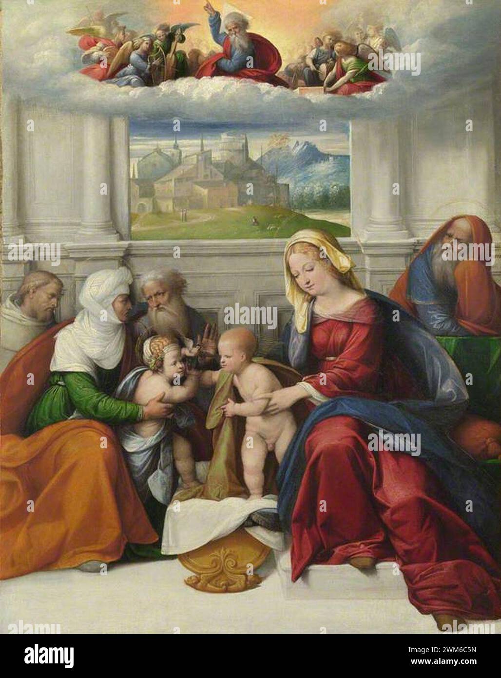 Benvenuto Tisi da Garofalo (ca. 1481–1559) – die Heilige Familie mit den Heiligen Johannes dem Täufer, Elisabeth, Zacharias und Franziskus Stockfoto