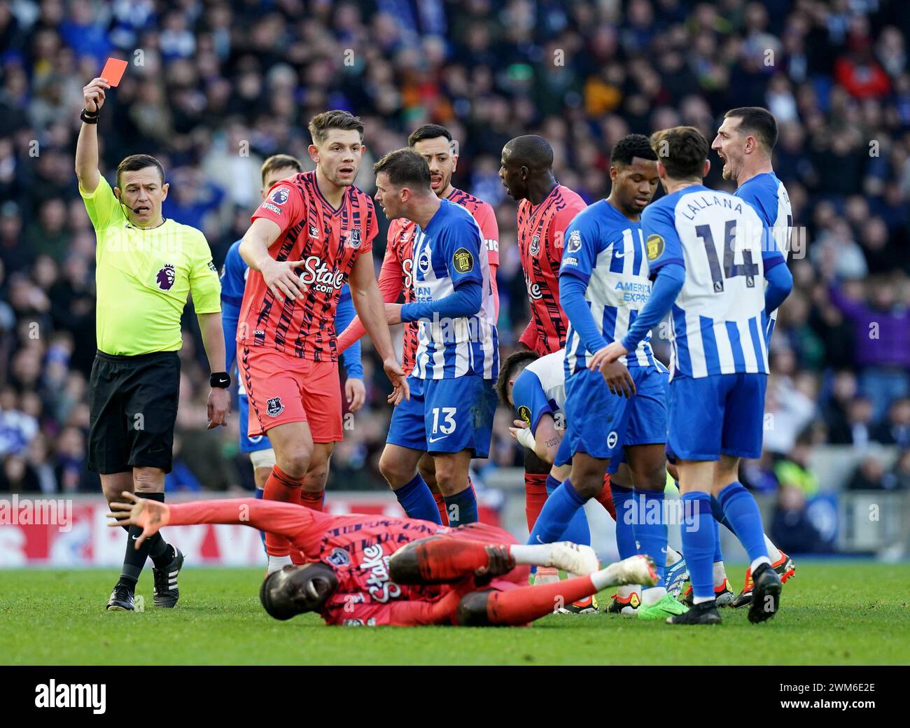 Der Schiedsrichter Tony Harrington (links) zeigt Billy Gilmour (verdeckt) von Brighton und Hove Albion eine rote Karte, nachdem er Evertons Amadou Onana (unten) während des Premier League-Spiels im American Express Stadium in Brighton beeinflußt hatte. Bilddatum: Samstag, 24. Februar 2024. Stockfoto