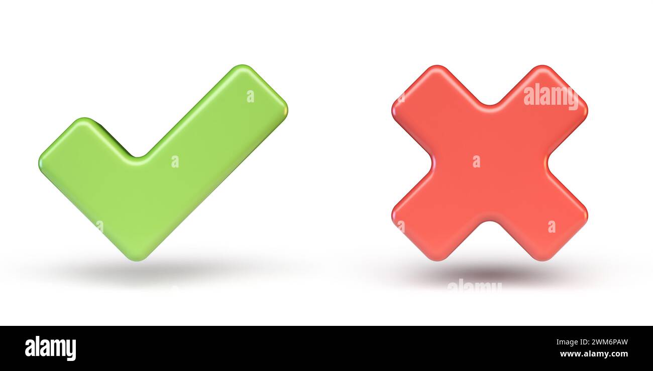 Grünes korrektes und rotes falsches Zeichen 3D-Rendering-Illustration isoliert auf weißem Hintergrund Stockfoto