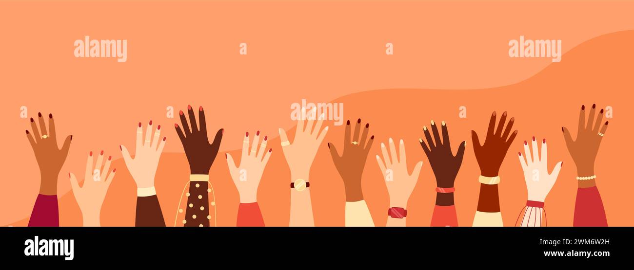 Hände von Frauen verschiedener Nationalitäten und Hauttöne, die nach oben reichen. Illustration des flachen Vektors Stock Vektor
