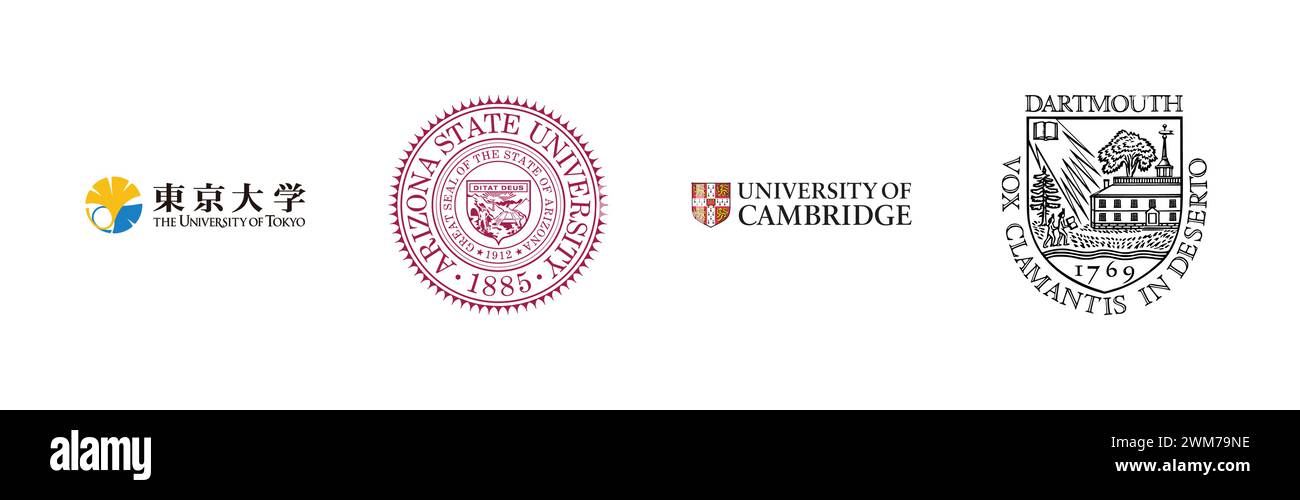 Dartmouth College Shield, University of Tokyo, University of Cambridge, Arizona State University Seal, beliebte Markenlogo-Kollektion. Stock Vektor