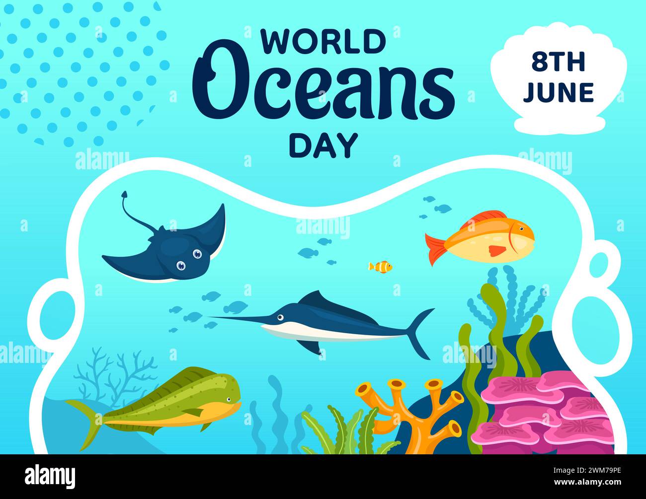 Oceans Day Social Media Hintergrund Flat Cartoon Hand Gezeichnete Vorlagen Illustration Stock Vektor
