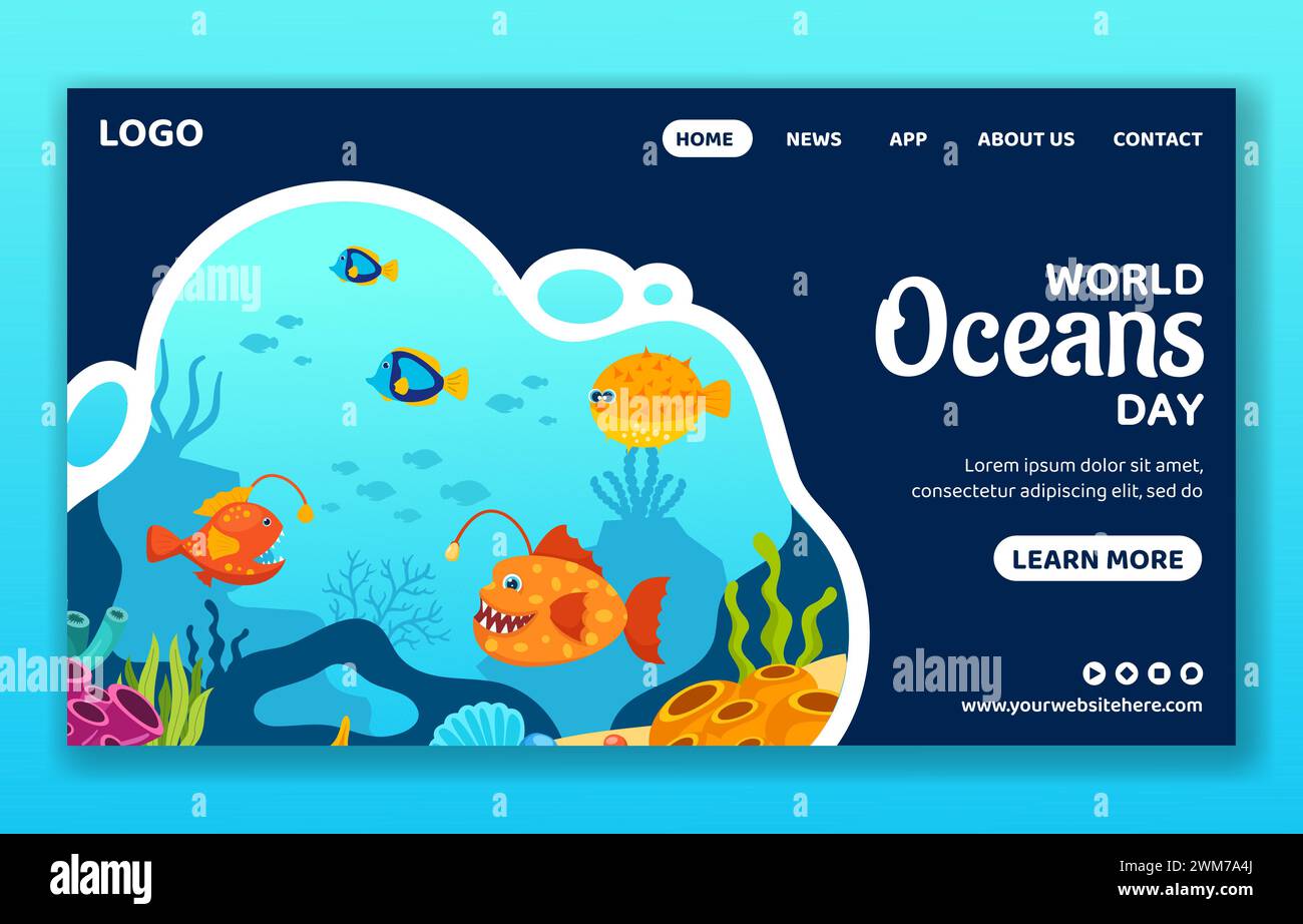 Oceans Day Social Media Landing Page Cartoon Hand Gezeichnete Vorlagen Hintergrund Illustration Stock Vektor