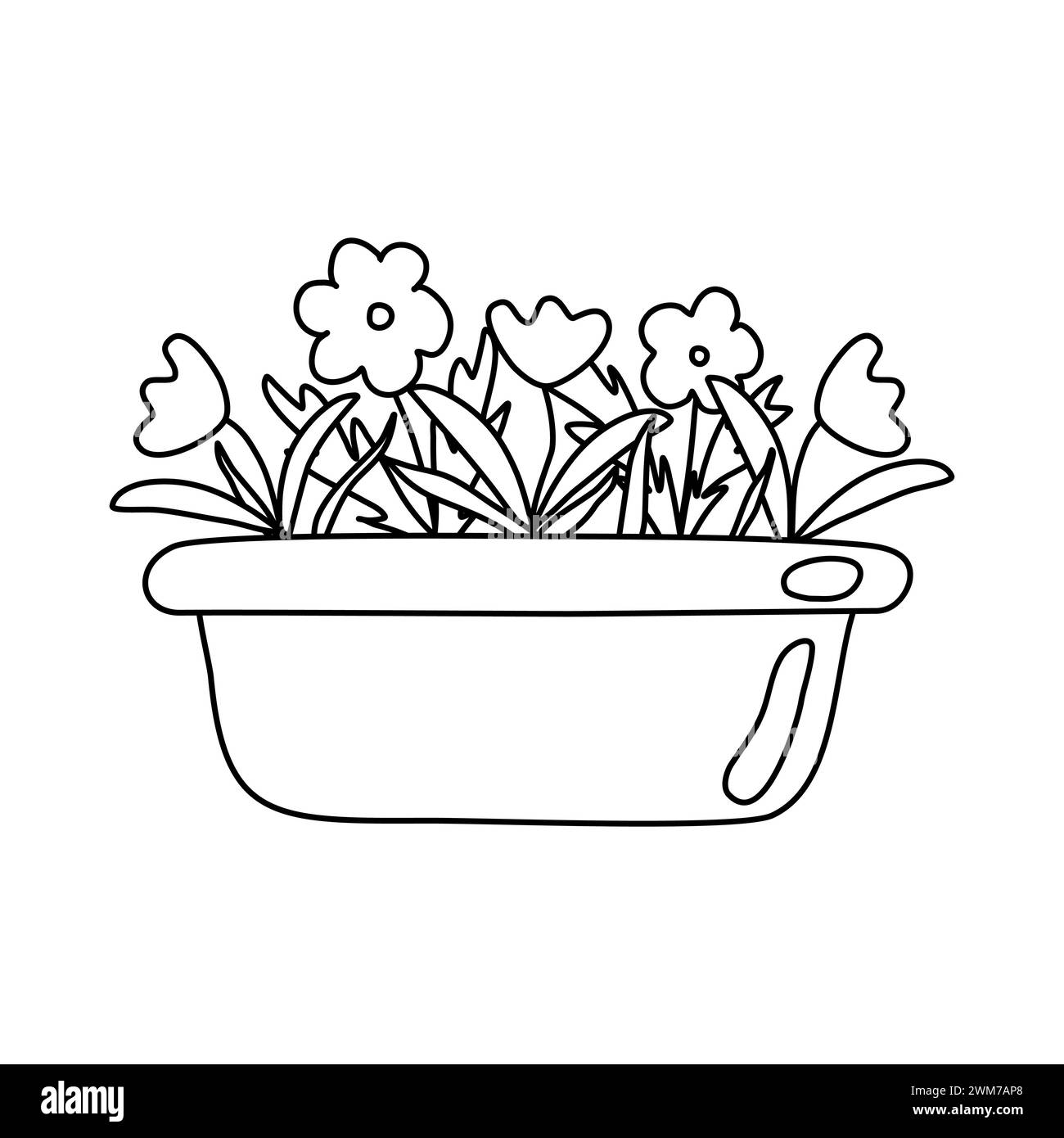 Großer Topf mit blühenden Blumen, Doodle-Stil flache Vektor-Umrissillustration für Kinder Malbuch Stock Vektor