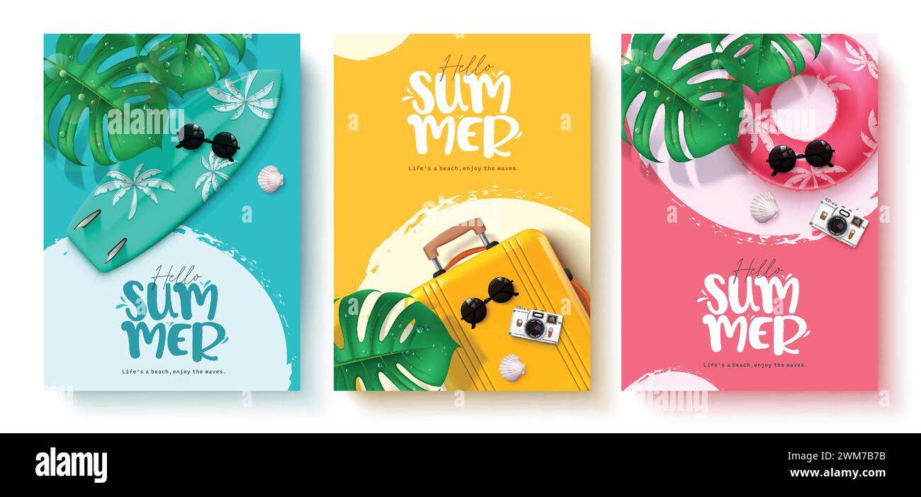 Sommer Hello Text Vektor Poster Set. Begrüßungstext für den Sommer mit Surfbrett, Gepäck und Schwimmern Strandelemente für tropische Saison Stock Vektor