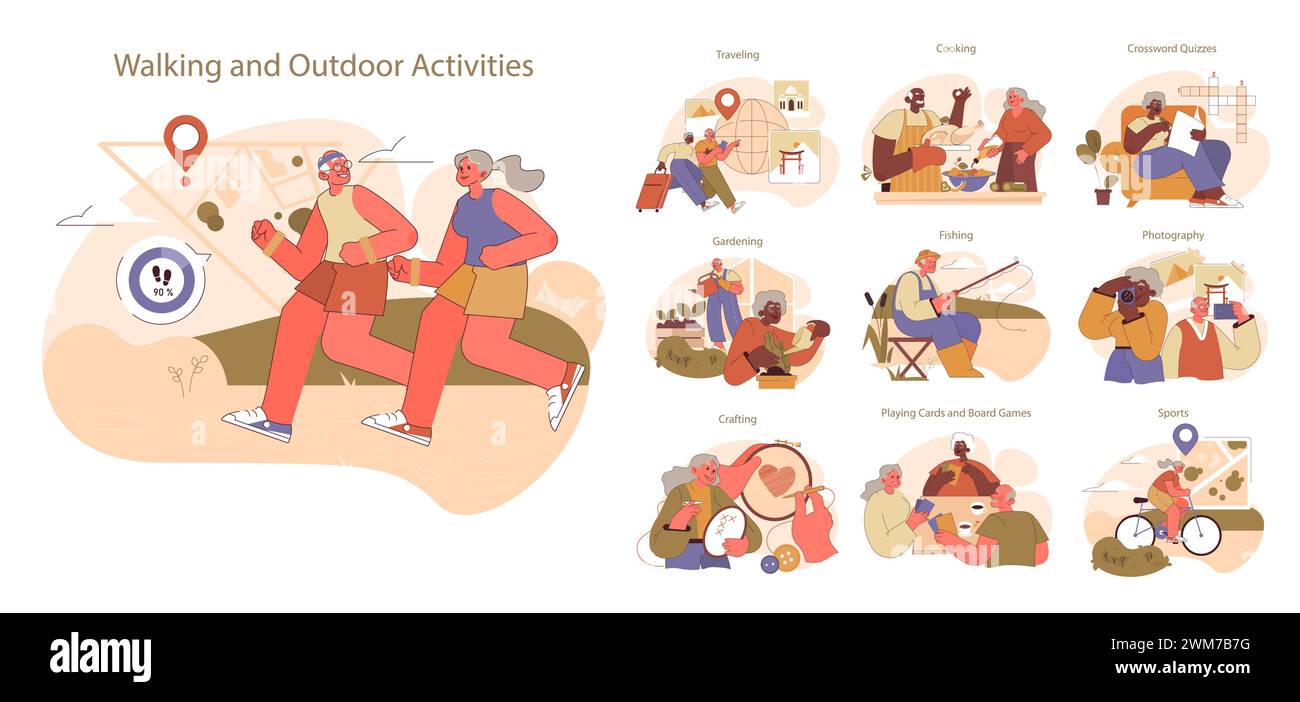 Aktivitätsgruppe der Abgänge. Senioren genießen vielfältige Freizeitbeschäftigungen, von Spaziergängen im Freien bis hin zu Kunsthandwerk, und fangen das Wesen des aktiven Ruhestands ein. Ein Schaufenster von Lebensfreude und Hobbys. Stock Vektor