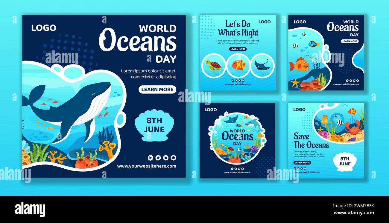 Oceans Day Social Media Post Flat Cartoon Hand Gezeichnete Vorlagen Hintergrund Illustration Stock Vektor
