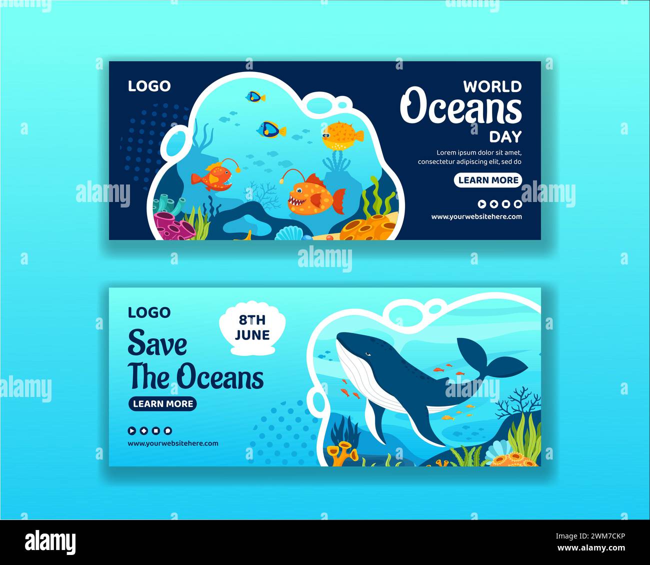 Oceans Day Horizontal Banner Flat Cartoon Hand Gezeichnete Vorlagen Hintergrund Illustration Stock Vektor