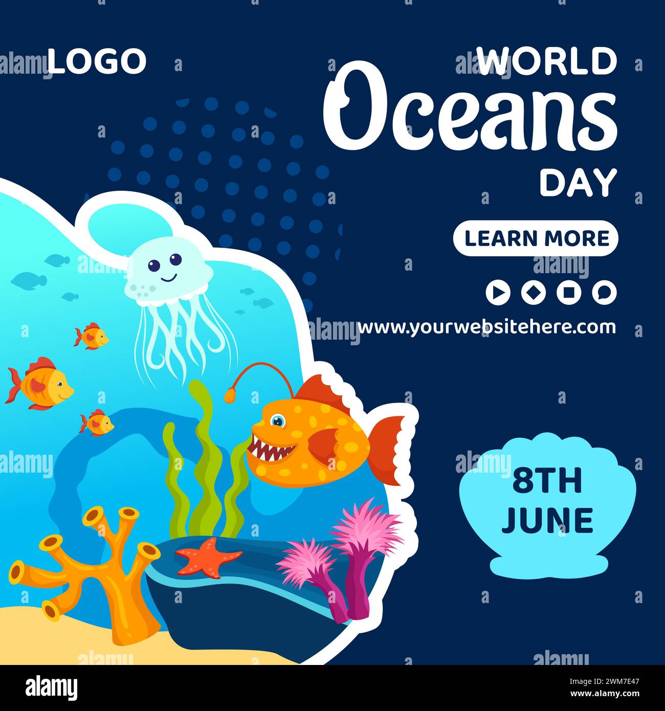 Oceans Day Social Media Illustration Flat Cartoon Hand Gezeichnet Vorlagen Hintergrund Stock Vektor