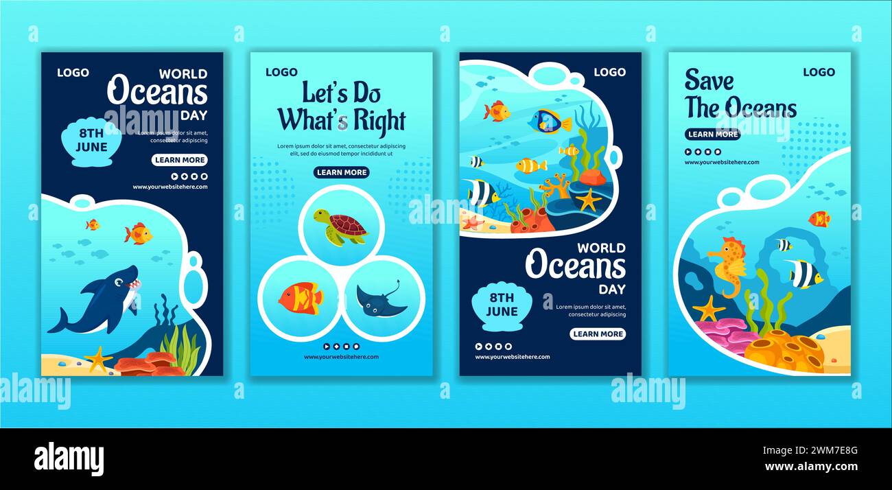 Oceans Day Social Media Stories Flat Cartoon Hand Gezeichnete Vorlagen Hintergrund Illustration Stock Vektor