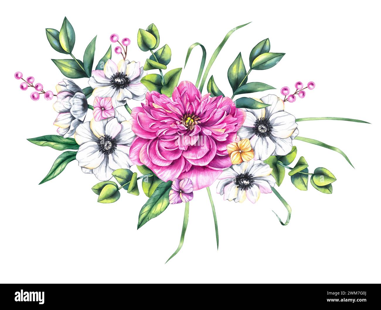 Aquarellsträuße mit Pfingstrosen und Anemonen. Bouquet von rosa und weißen Blüten mit Eukalyptus und Beeren. Strauß handgezeichnet isoliert auf weiß für d Stockfoto