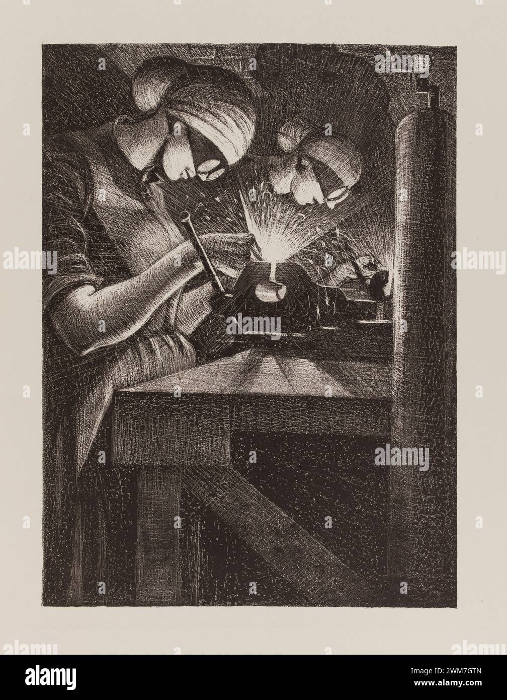 Arbeiterinnen mit Acetylen , aus dem Ersten Weltkrieg: Großbritanniens Bemühungen und ideale: Flugzeugbau. Drucklithographie von C.R.W. (Christopher Richard Wynne) Nevinson., 1916 Stockfoto