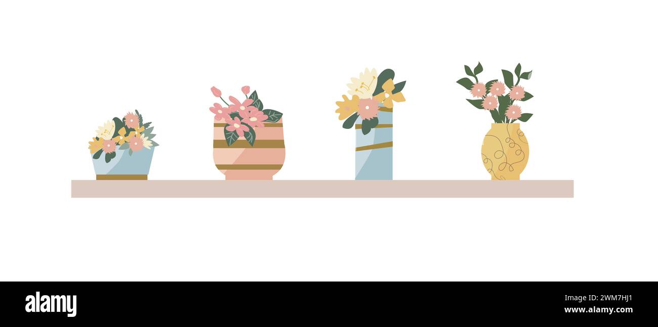 Blumenset in Vasen und Töpfen mit goldenem Dekor. Vektorillustration kann für Grußkarten, Banner, Flyer und Poster verwendet werden. Vektorkunst im alten Geldstil. Stock Vektor